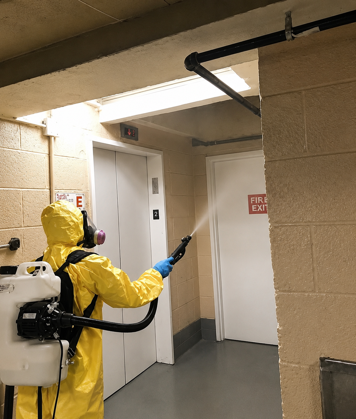 Technician in full PPE spraying an odor-eliminating treatment indoors.